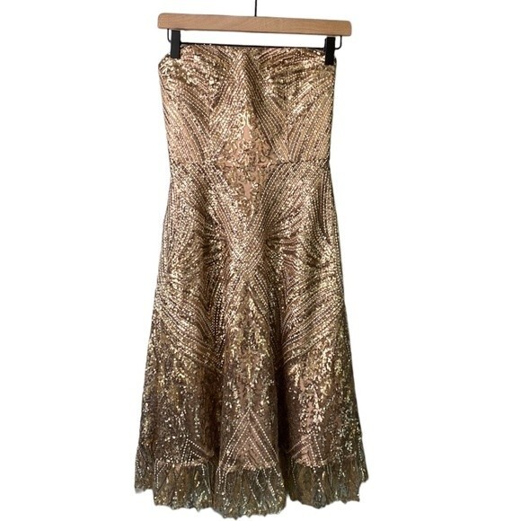 Dress the Population New! Sarah Sequin Lace Strapless Fit&Flare Dress Platinum - Picture 3 of 16